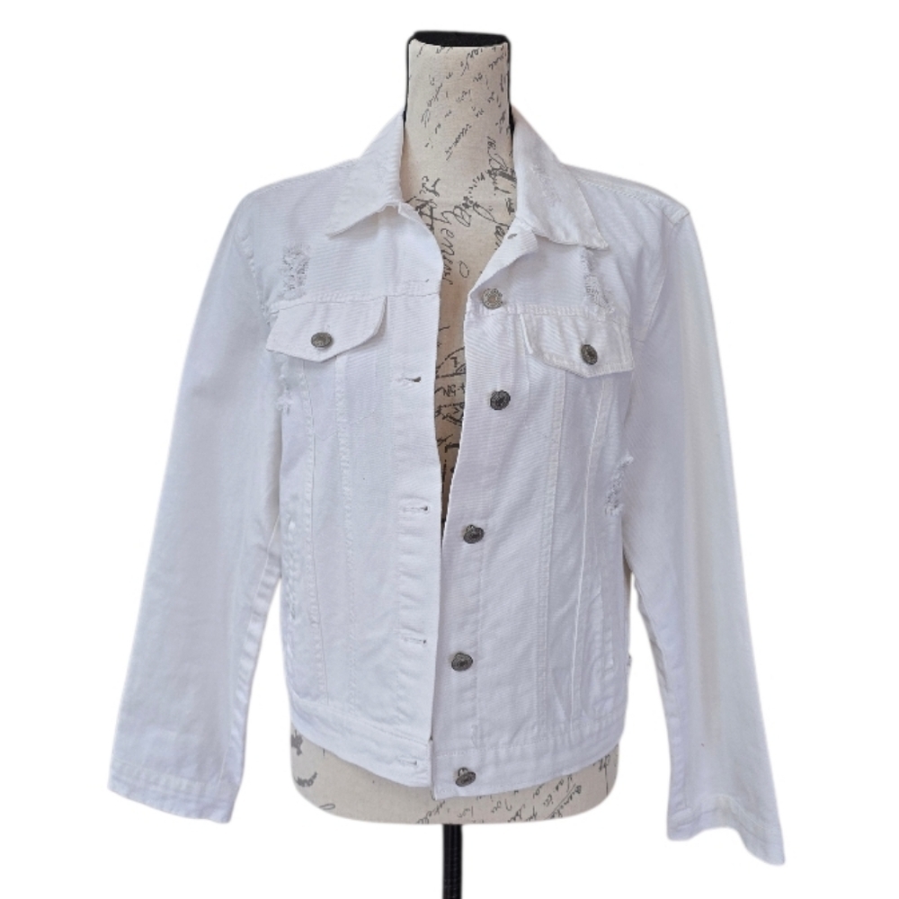 Love Tree Distressed White Denim Jean Jacket L